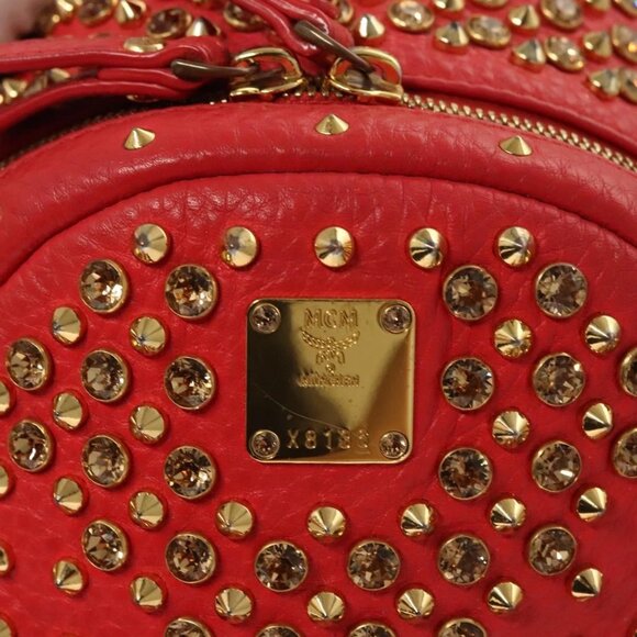 MCM Studs Backpack Leather Red Gold bst584-112825 - Picture 7 of 16